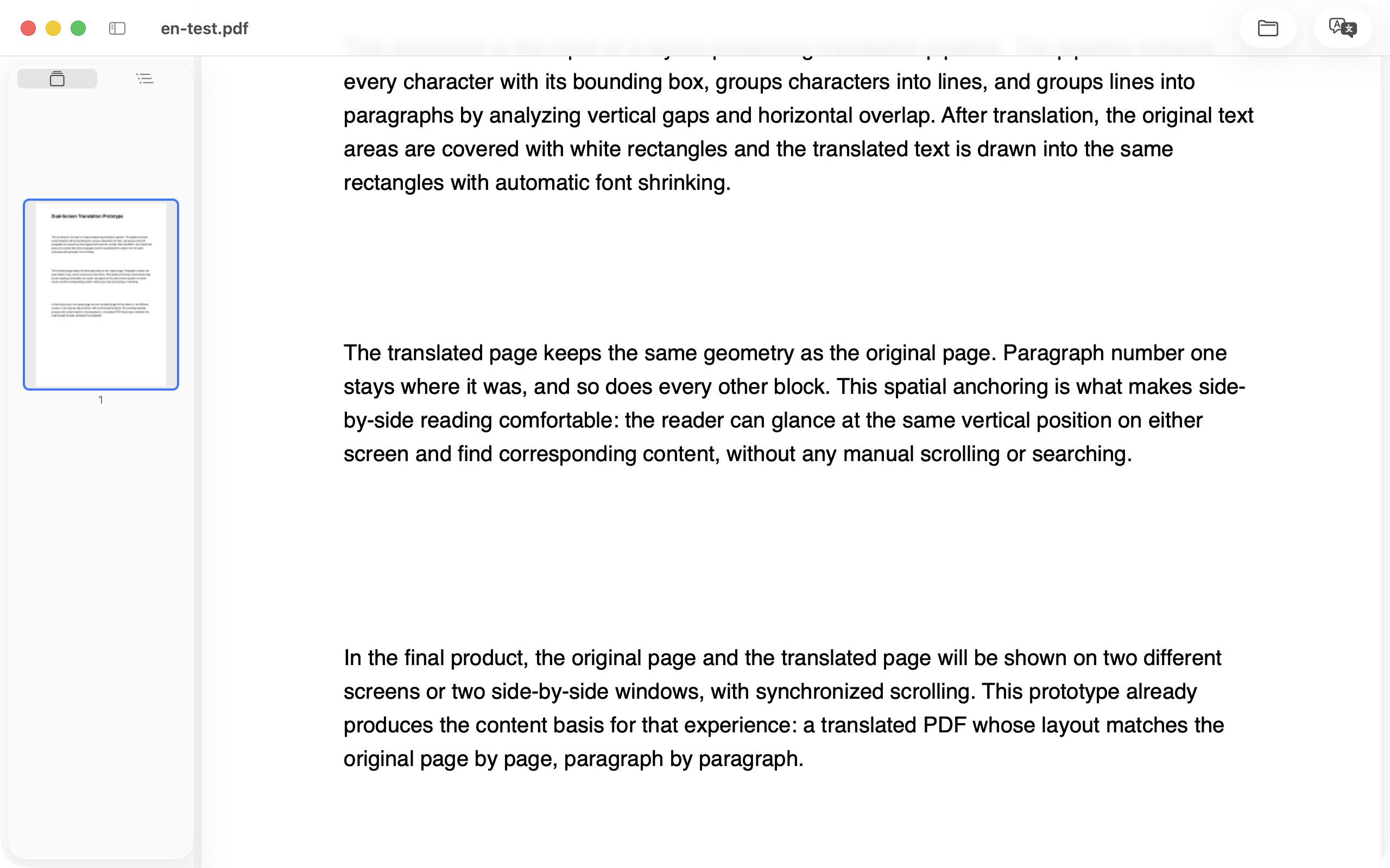 KenjaPDF reader: an English PDF with a light sidebar of thumbnails and outline, minimal toolbar
